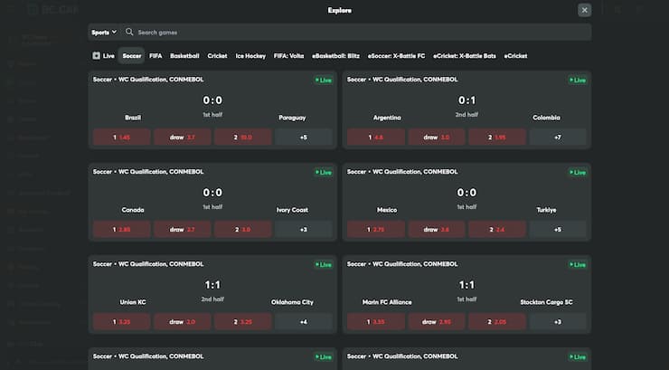A view of the betting interface on BC Game, one of the best sites for soccer betting odds. 